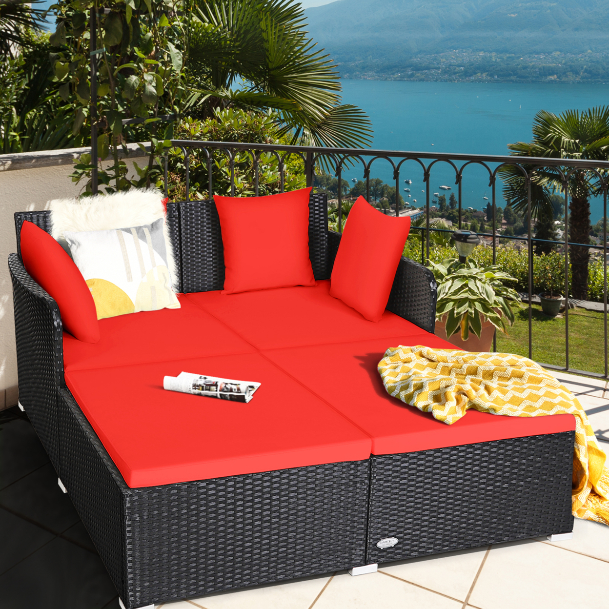 Rattan Patio Daybed Loveseat Sofa Yard Outdoor W/ Red Cushions Pillows