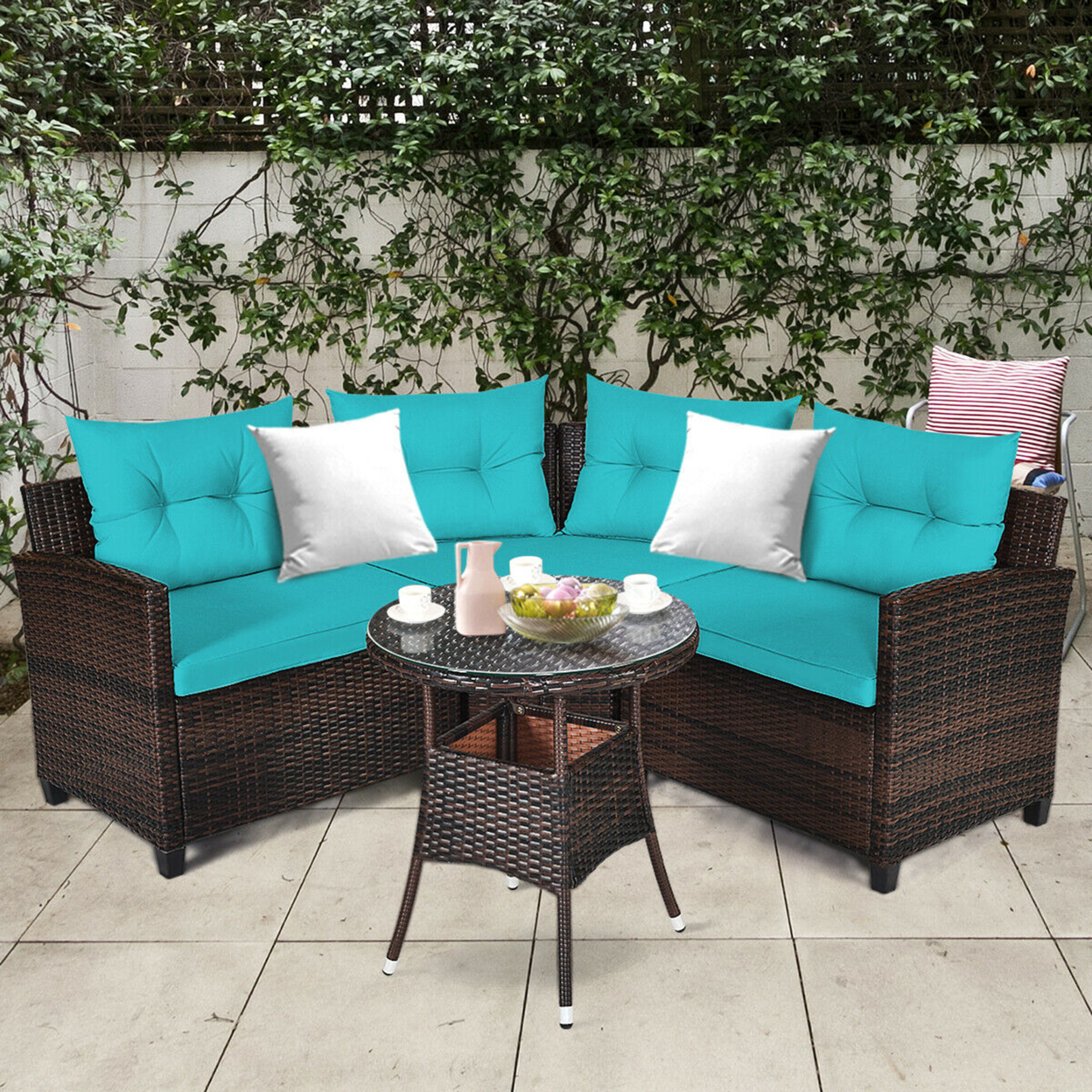4PCS Patio Furniture Set Outdoor Rattan Sectional Sofa Set W/ Turquoise Cushions