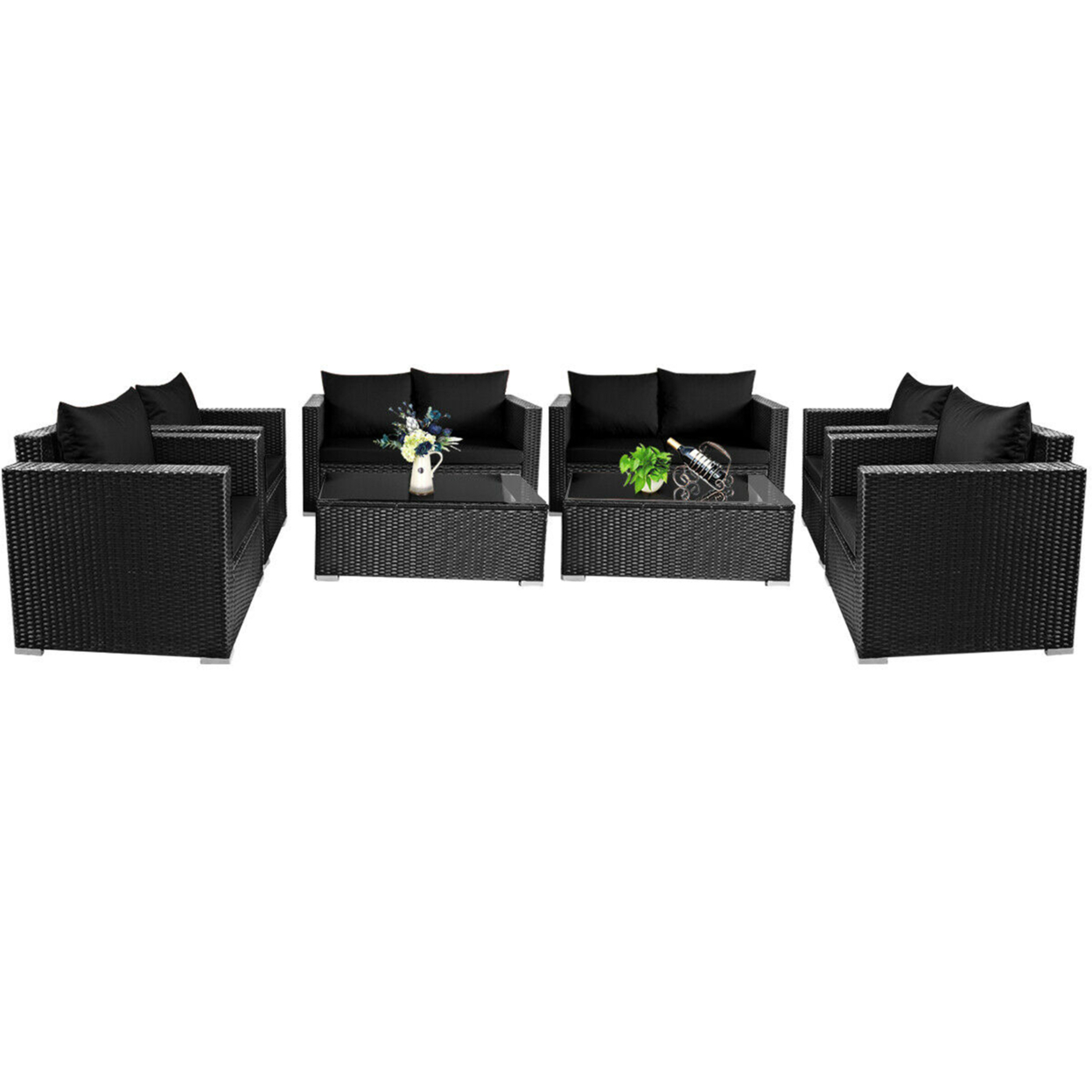 8PCS Rattan Patio Conversation Set Outdoor Furniture Set W/ Black Cushions