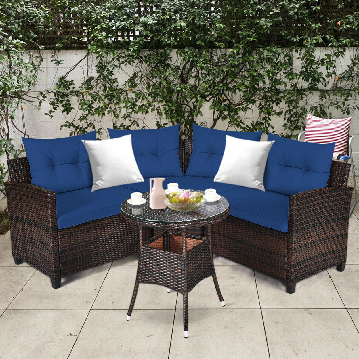 4PCS Patio Furniture Set Outdoor Rattan Sectional Sofa Set W/ Navy Cushions