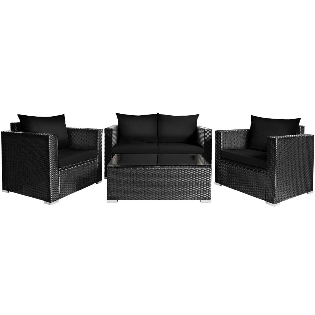 8PCS Rattan Patio Conversation Set Outdoor Furniture Set W/ Black Cushions