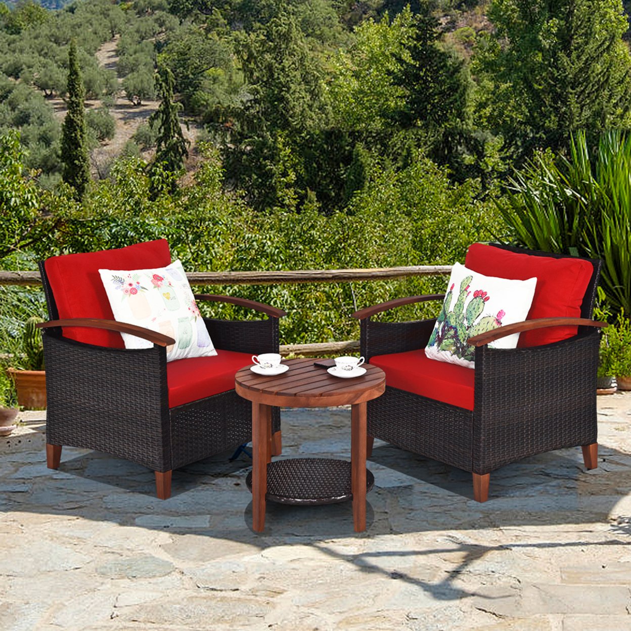 3PCS Patio Wicker Rattan Conversation Set Outdoor Furniture Set W/ Red Cushion