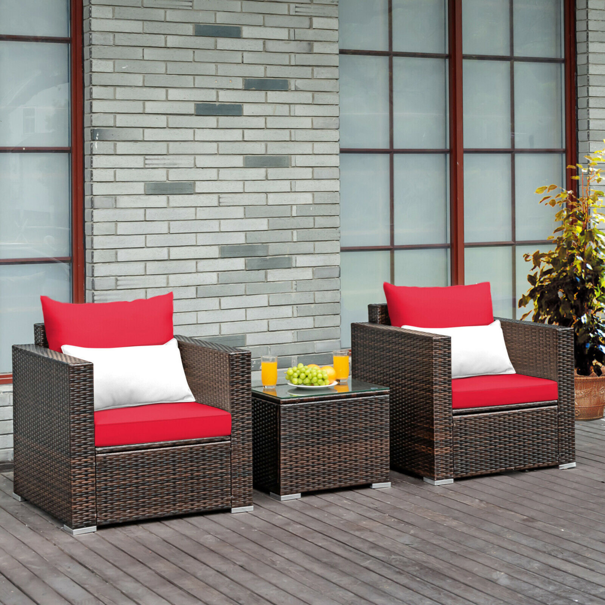 3PCS Rattan Patio Outdoor Conversation Furniture Set W/ Red Cushions