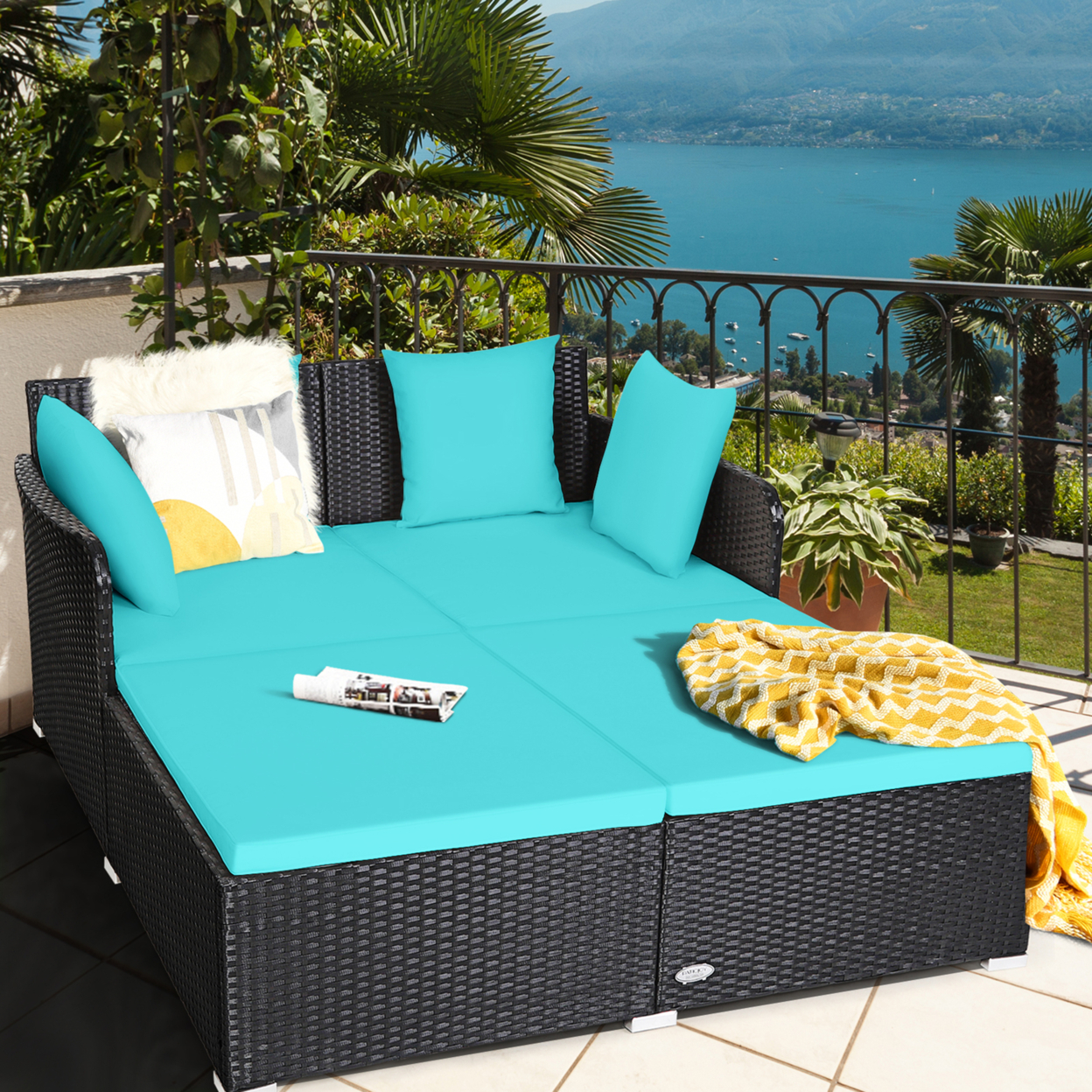 Rattan Patio Daybed Loveseat Sofa Yard Outdoor W/ Turquoise Cushions Pillows
