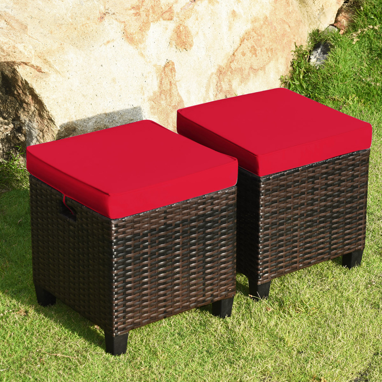 Set Of 2 Patio Rattan Ottoman Footrest Garden Outdoor W/ Red Cushion