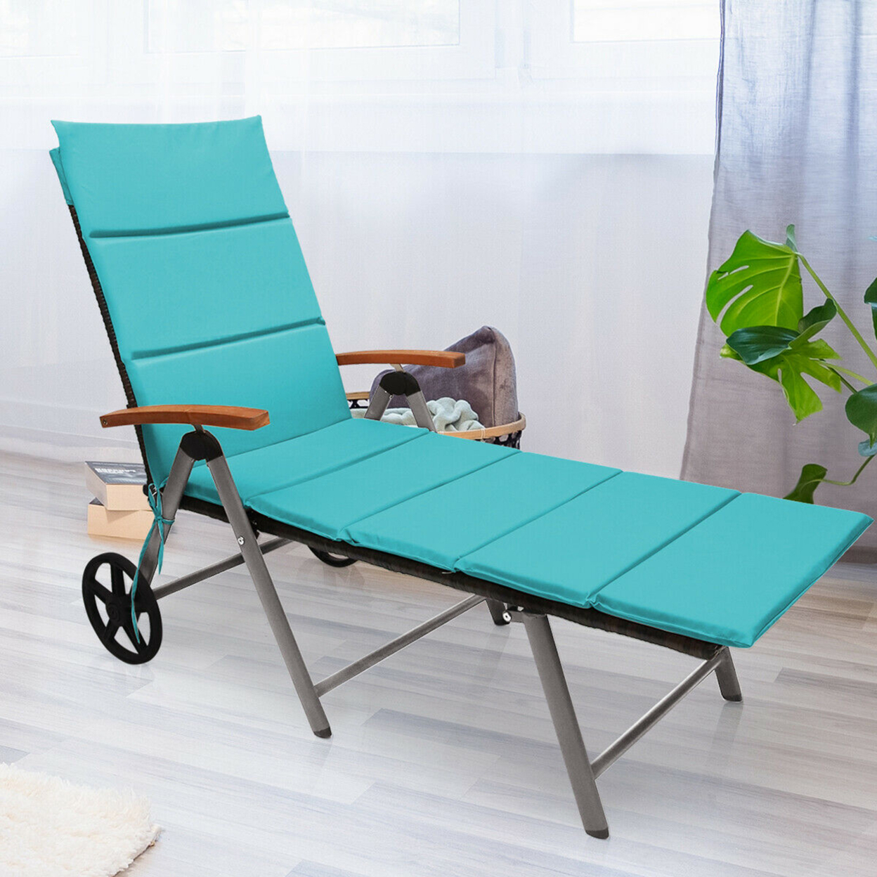 Folding Patio Rattan Lounge Chair Cushioned Aluminum Adjust Wheel Turquoise