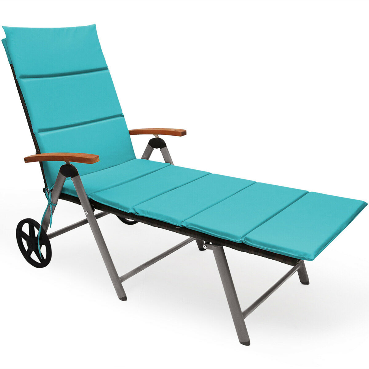 Folding Patio Rattan Lounge Chair Cushioned Aluminum Adjust Wheel Turquoise