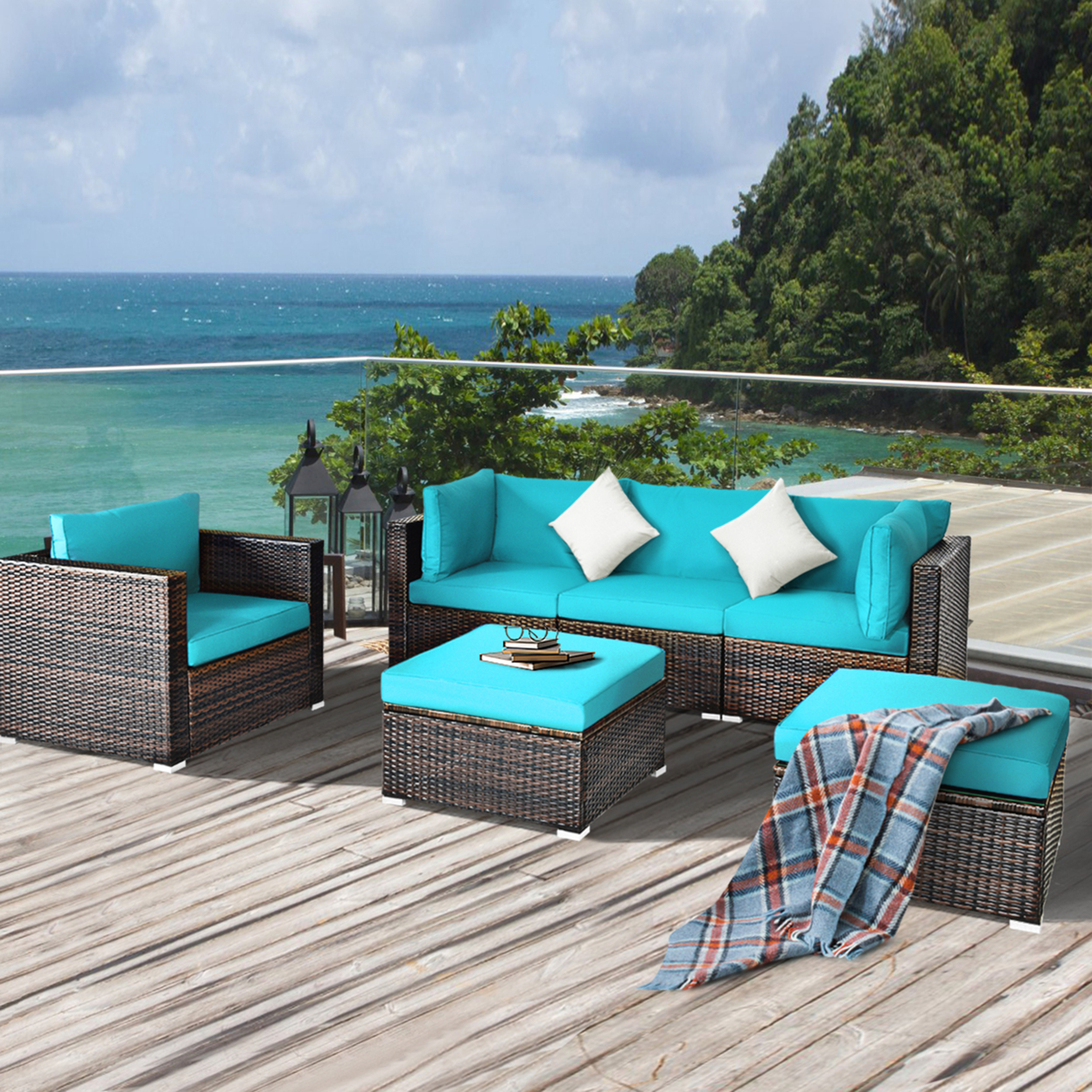 6PCS Patio Conversation Set Rattan Sectional Furniture Set W/ Turquoise Cushions