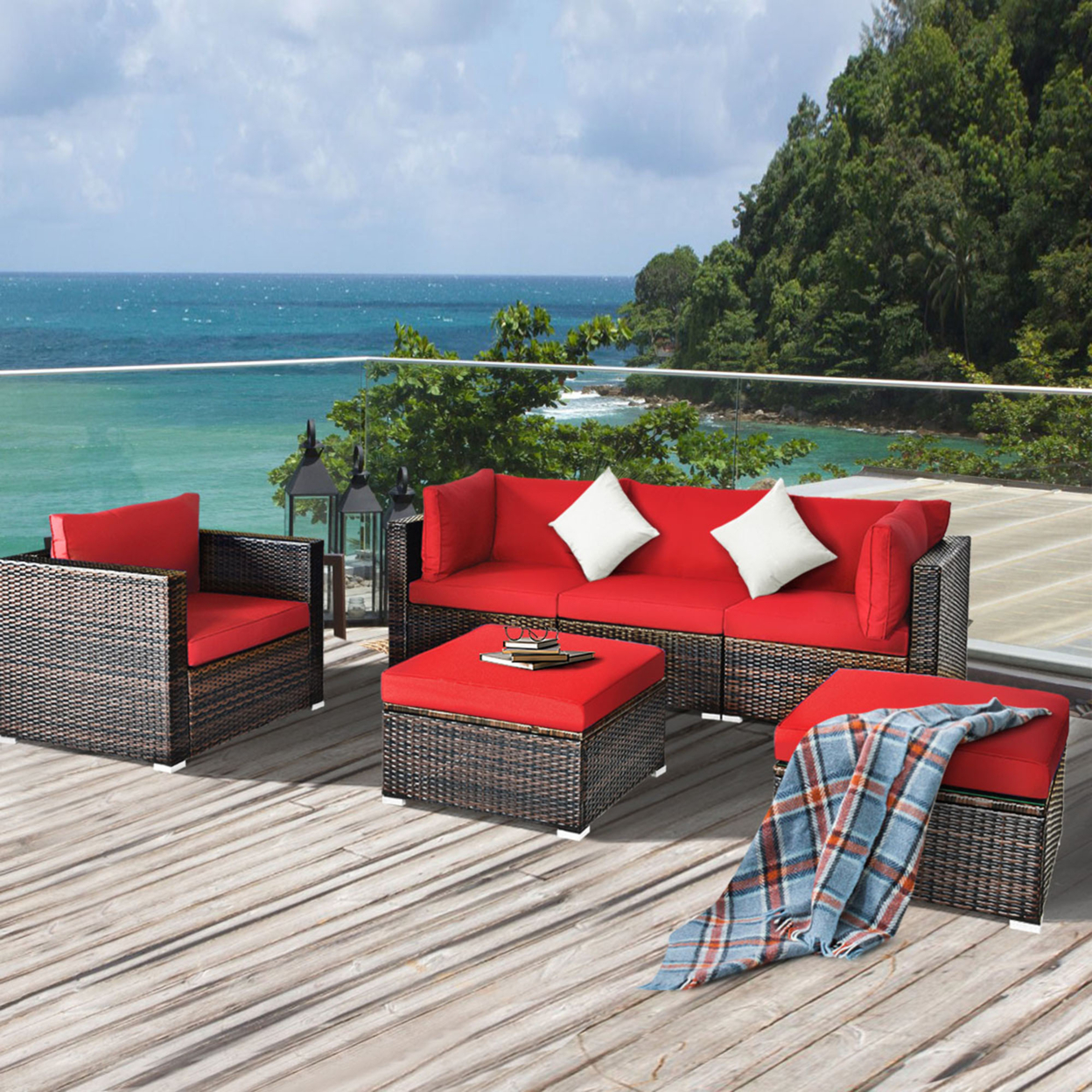 6PCS Patio Conversation Set Rattan Sectional Furniture Set W/ Red Cushions