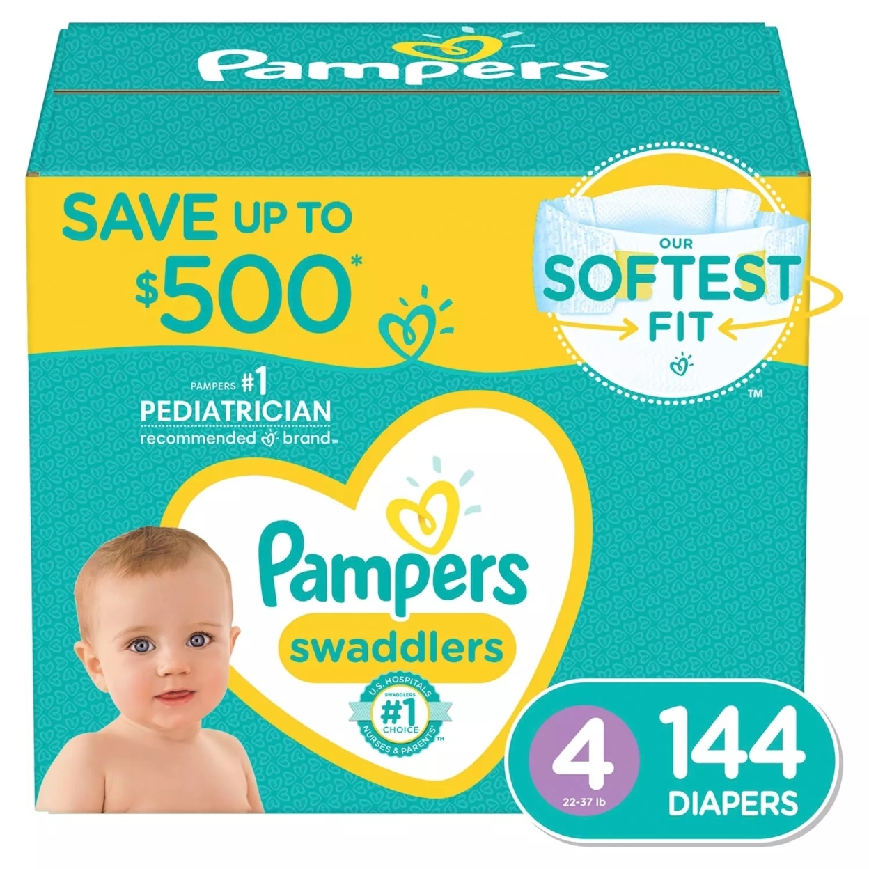 Pampers Swaddlers Diapers, Size 4 (22-37 Pounds), 144 Count