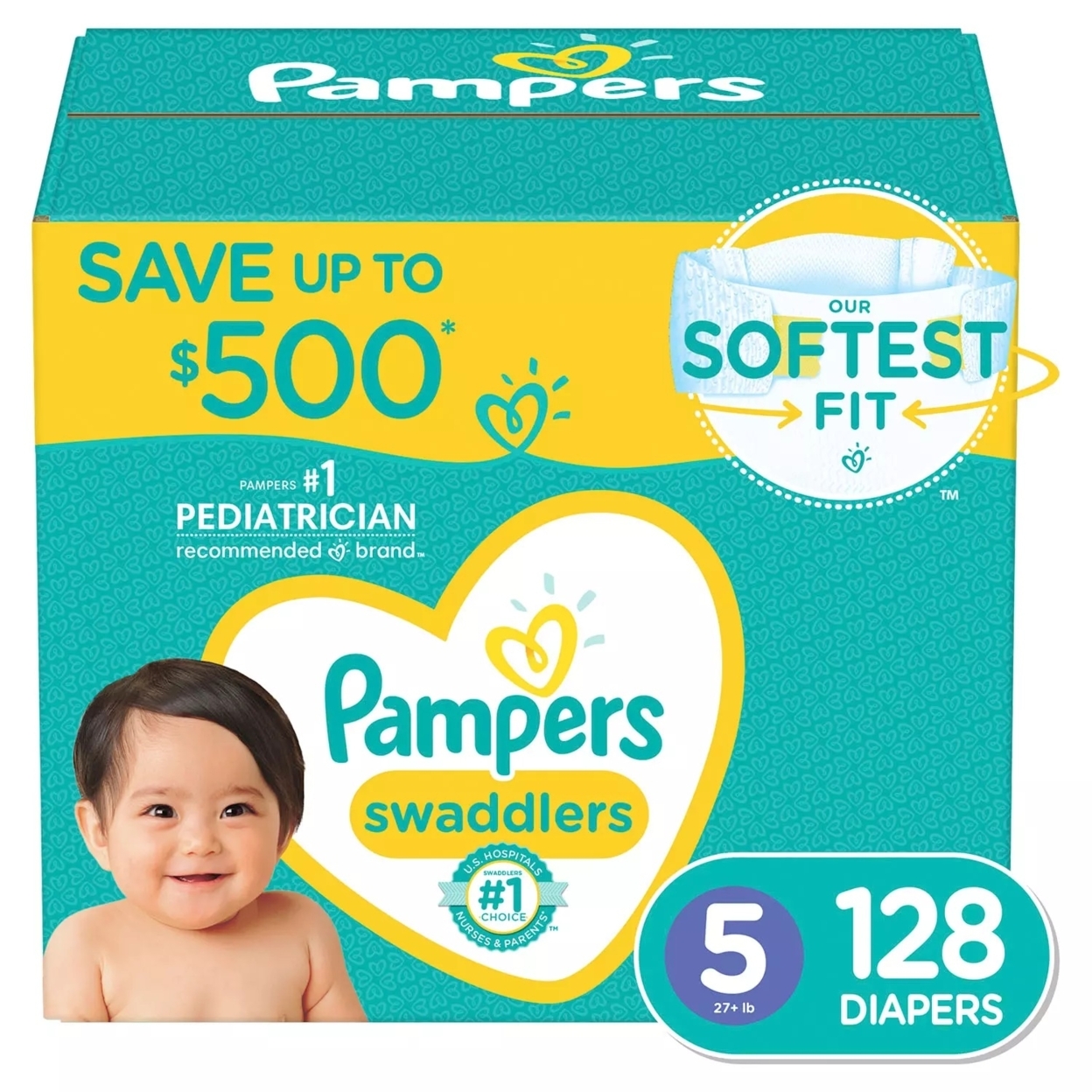 Pampers Swaddlers Diapers, Size 5 (27+ Pounds), 128 Count