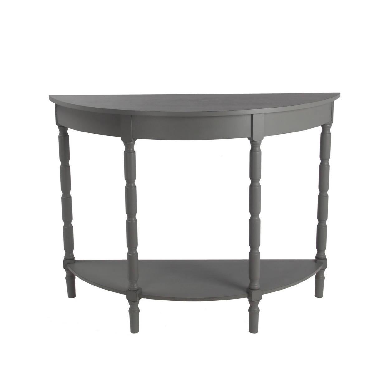 Half Moon Wooden Console Table With Open Shelf And Turned Legs, Light Gray- Saltoro Sherpi