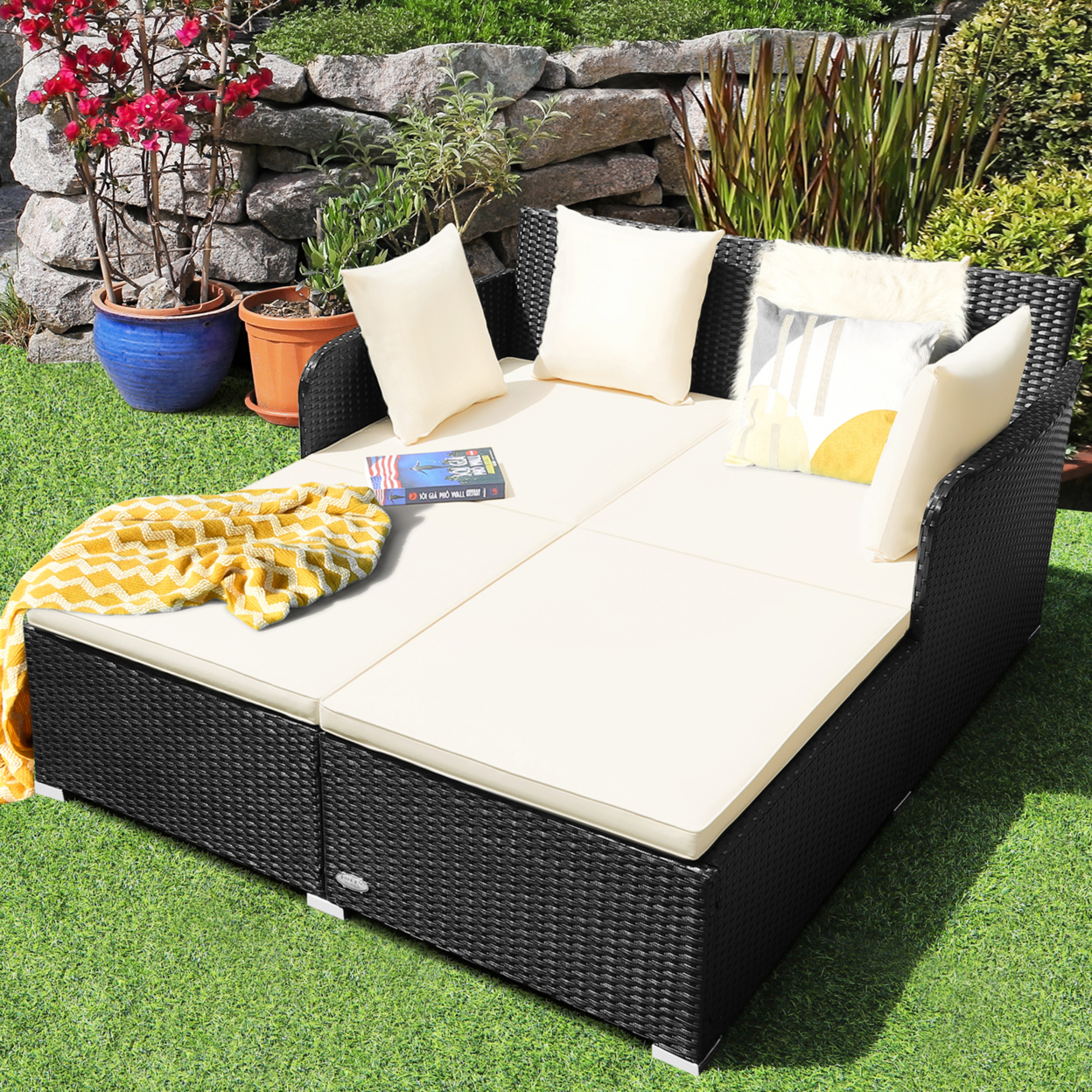 Rattan Patio Daybed Loveseat Sofa Yard Outdoor W/ Beige Cushions Pillows