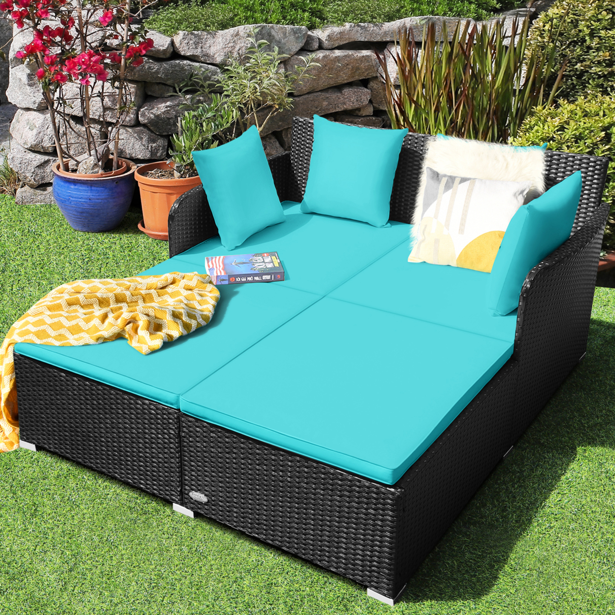 Rattan Patio Daybed Loveseat Sofa Yard Outdoor W/ Turquoise Cushions Pillows