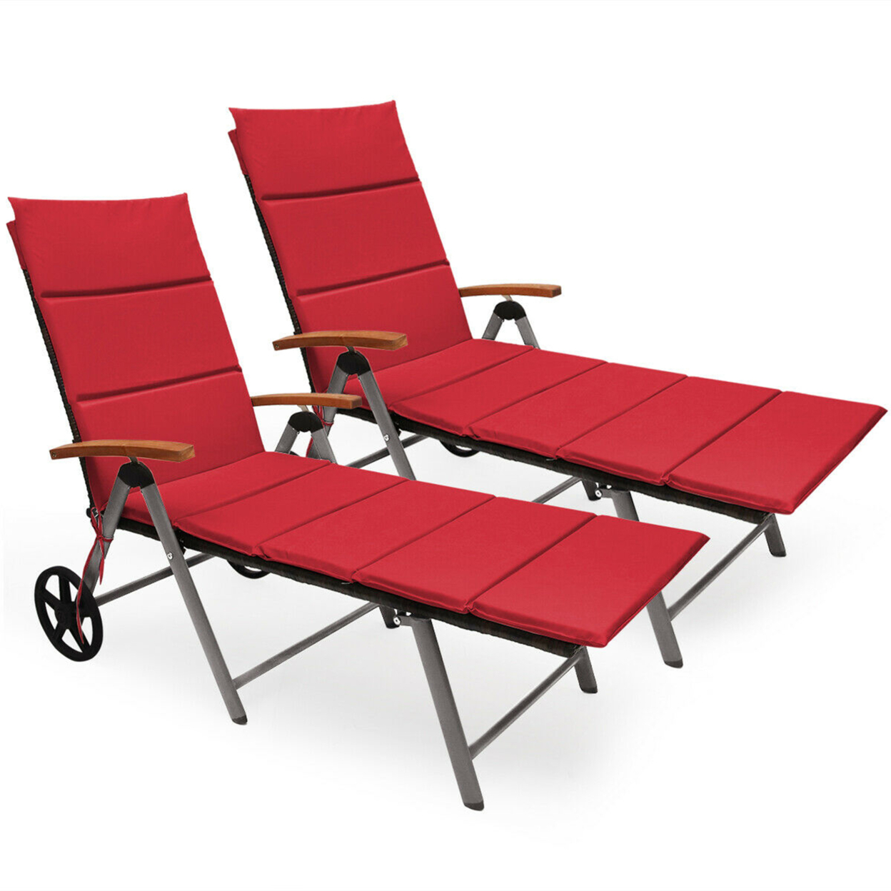 2PCS Folding Patio Rattan Lounge Chair Cushioned Aluminum Adjust Wheel Red