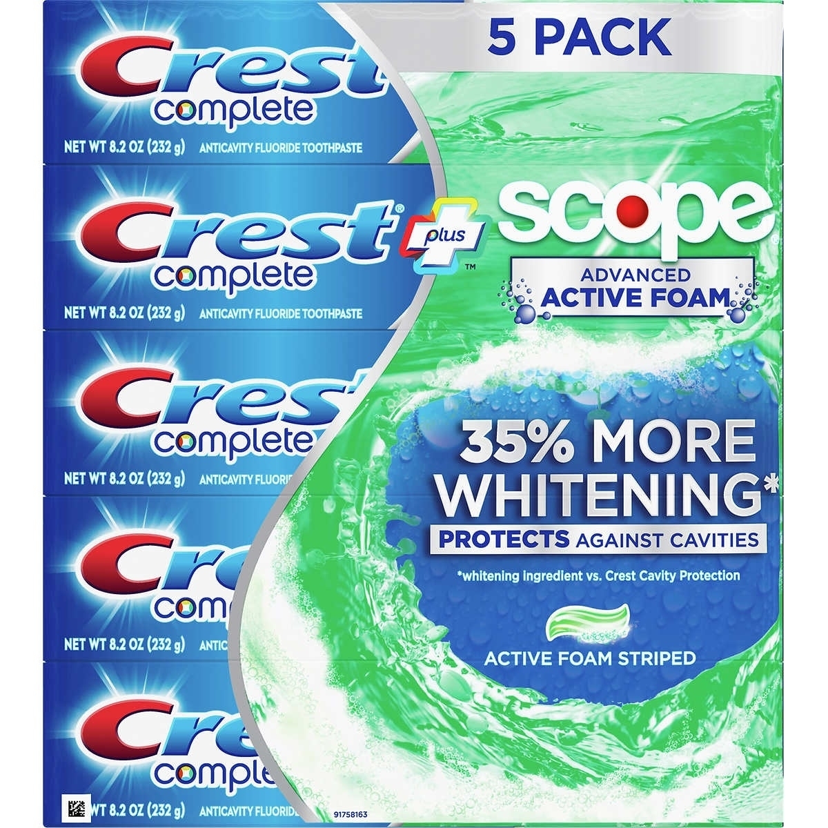 Crest Complete Toothpaste Plus Scope Advanced Active Foam, Striped, 8.2 Oz, 5 Ct