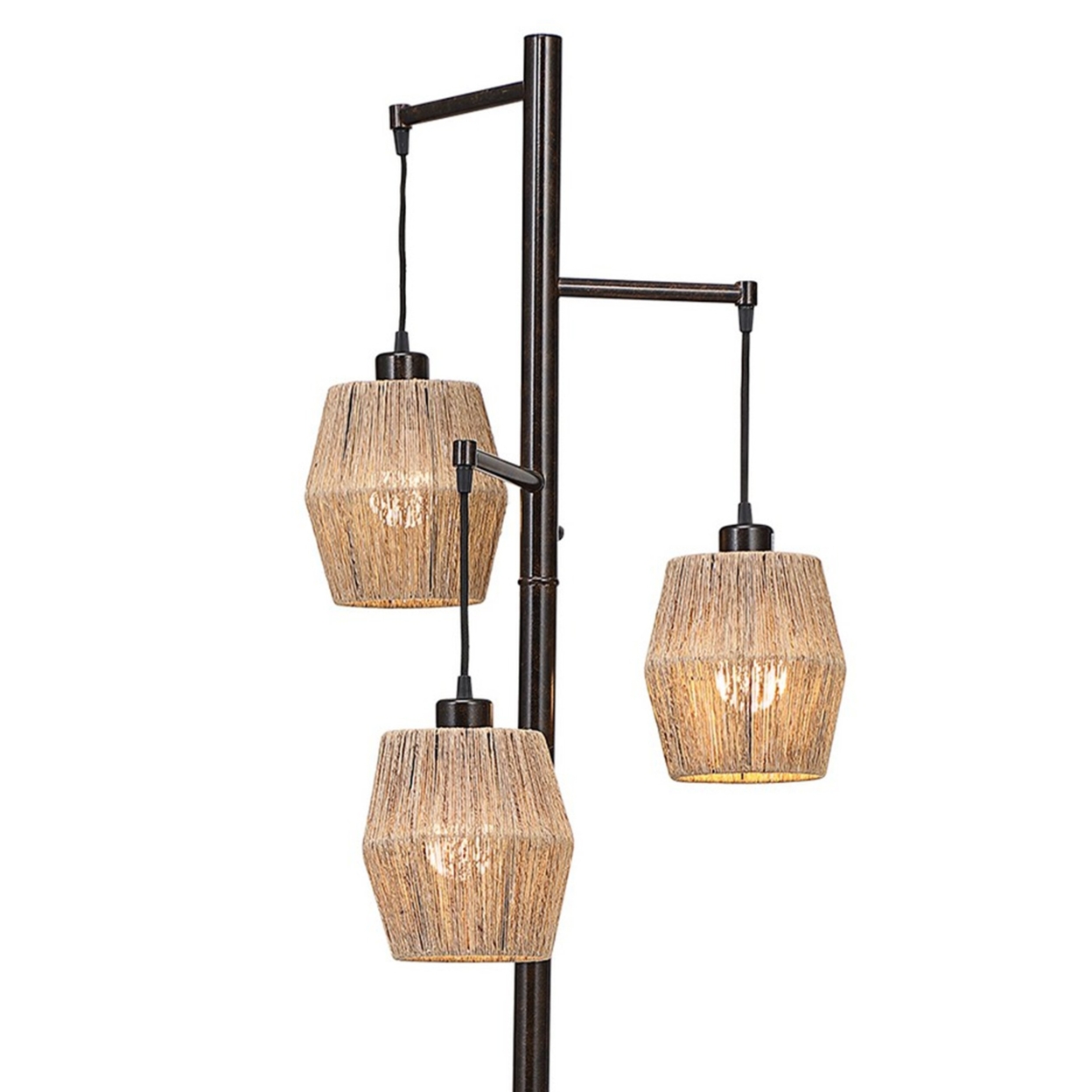 Stalk Design Metal Floor Lamp With 3 Hanging Rope Shade, Bronze- Saltoro Sherpi