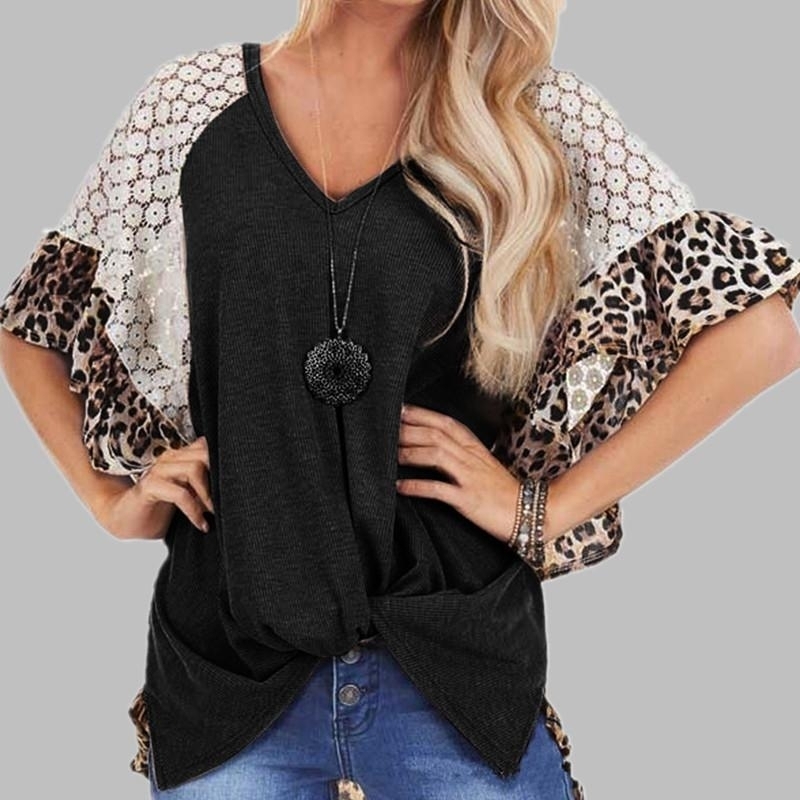 Lace Hollow Leopard Shirt Top Tee - Black, L
