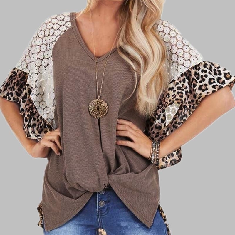 Lace Hollow Leopard Shirt Top Tee - Brown, M