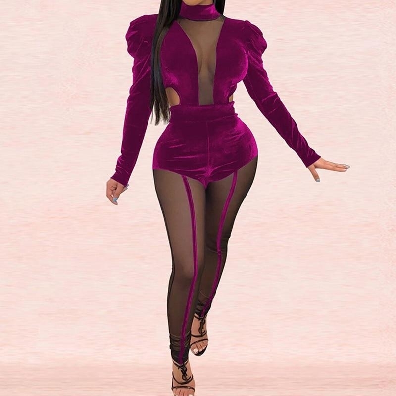 Sexy Full Sleeve Velvet Bodycon Jumpsuits Black Lace Patchwork Long Party Playsuits High Neck Fall Rompers One Piece - Purple, Xxl