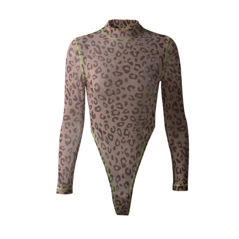 Sexy Leopard Print Long-sleeved Fluorescent Contrast Color Jumpsuit - Xl