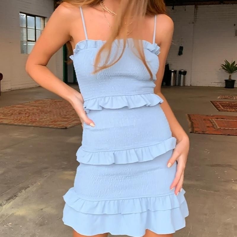 Sexy Sling Pleated Cake Dress - Blue, L