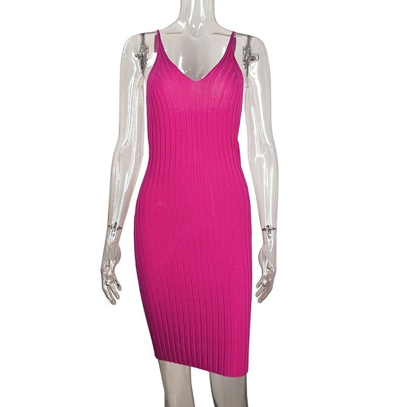Solid Color V-Neck Strap Mini Dress - Rose Red, M