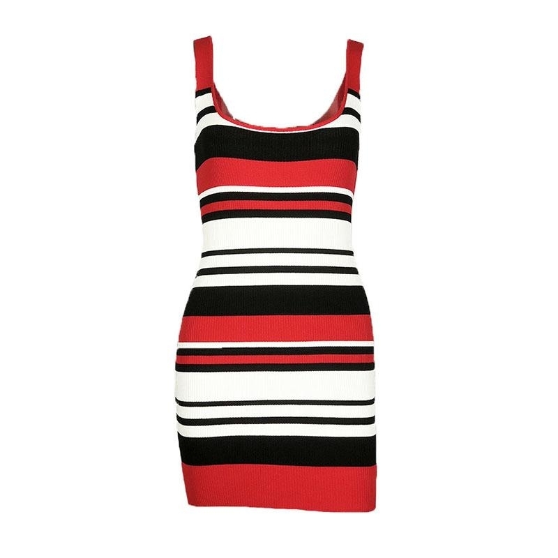 Stripe Fashion Bodycon Mini Dress - Red, L