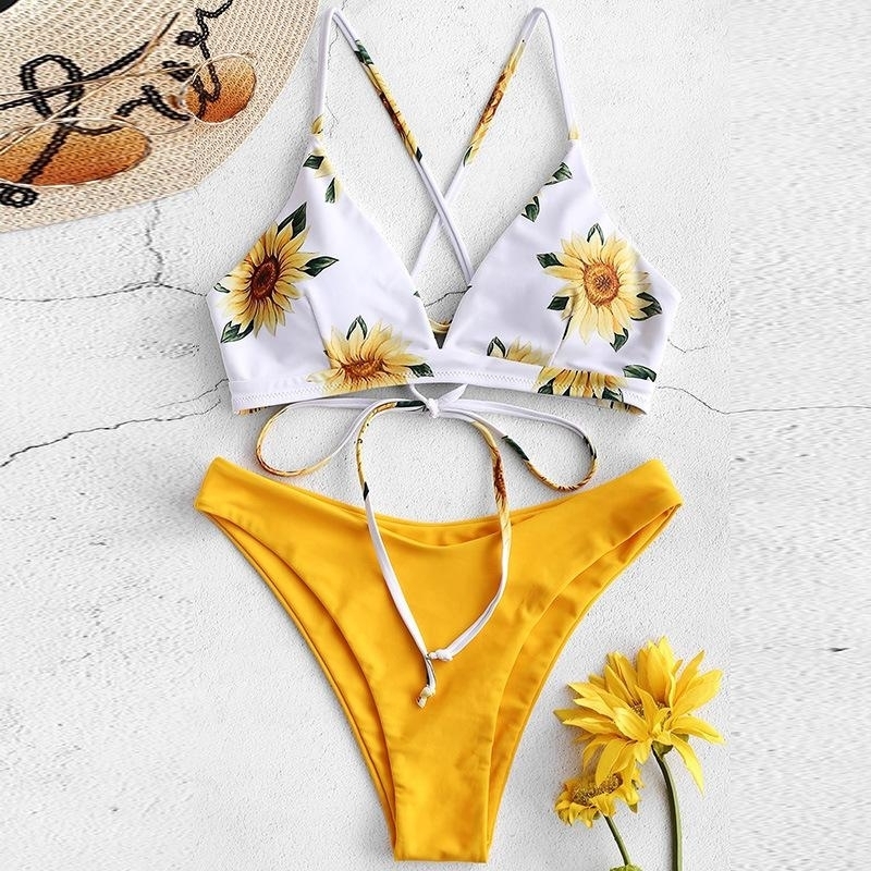 Sunflower Print Triangle Thong Bikini Swimsuit - L
