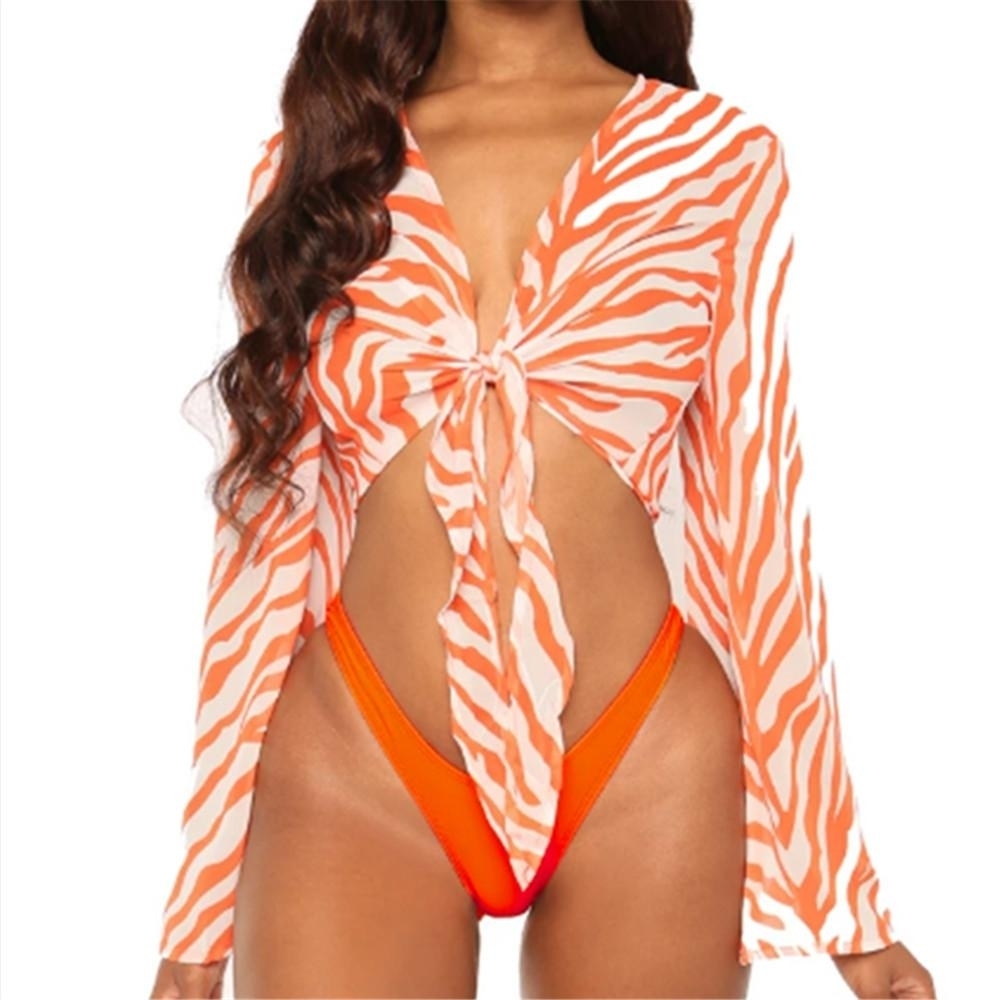 Three-piece Mesh Bikini Set Swimsuit Swimwear - Orange, L