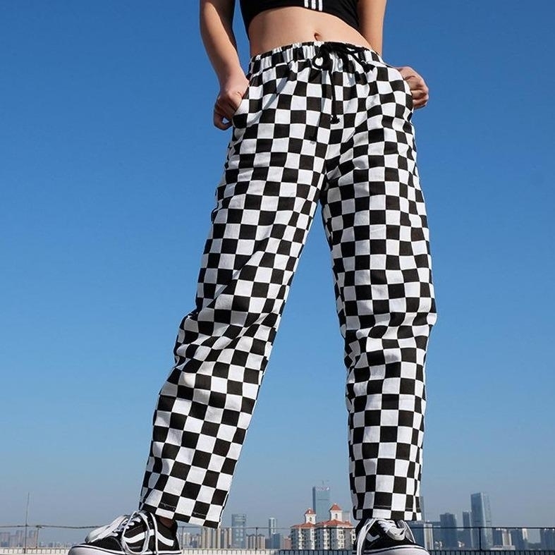 Women's Black And White Checkerboard Pattern Contrast Color Slimming Casual Pants Women's Wide-leg Pants - L
