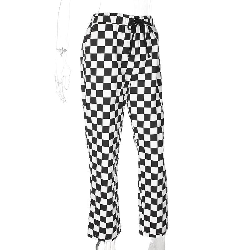 Women's Black And White Checkerboard Pattern Contrast Color Slimming Casual Pants Women's Wide-leg Pants - S