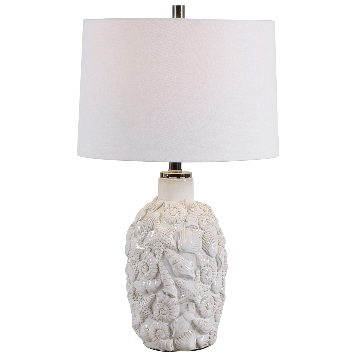 Bellied Shape Ceramic Table Lamp with Starfish and Sea Shell Carving,White- Saltoro Sherpi