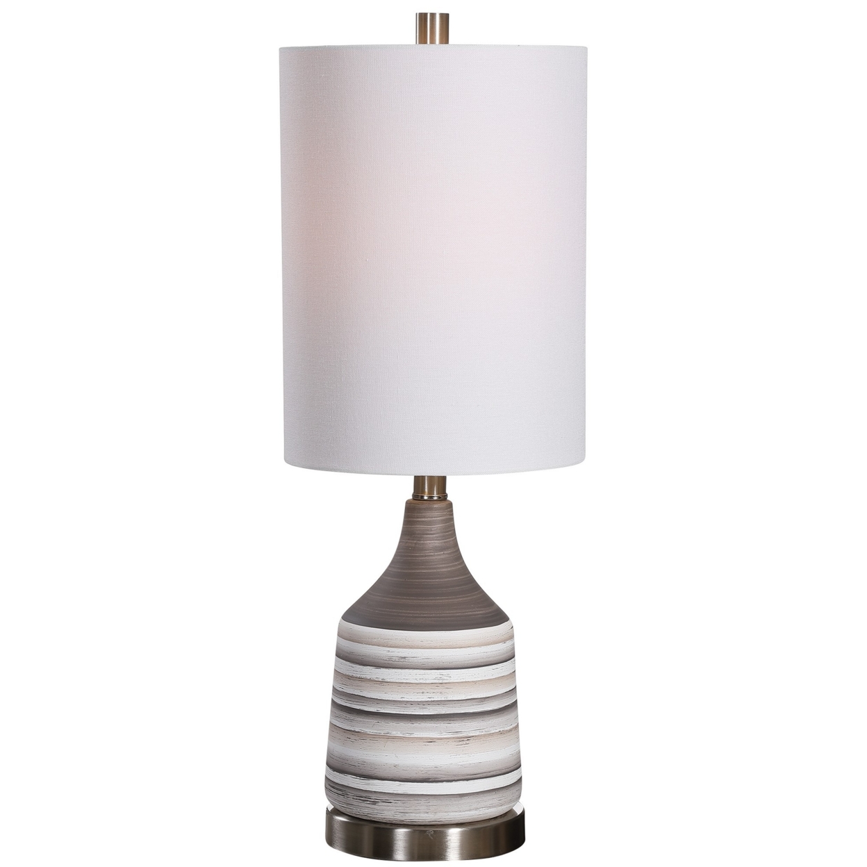 Jar Shaped Ceramic Table Lamp With Stripes, Gray- Saltoro Sherpi