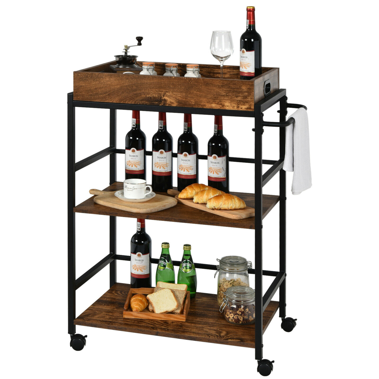 3-Tier Rolling Bar Cart Kitchen Serving Cart W/ Removable Tray & Handle