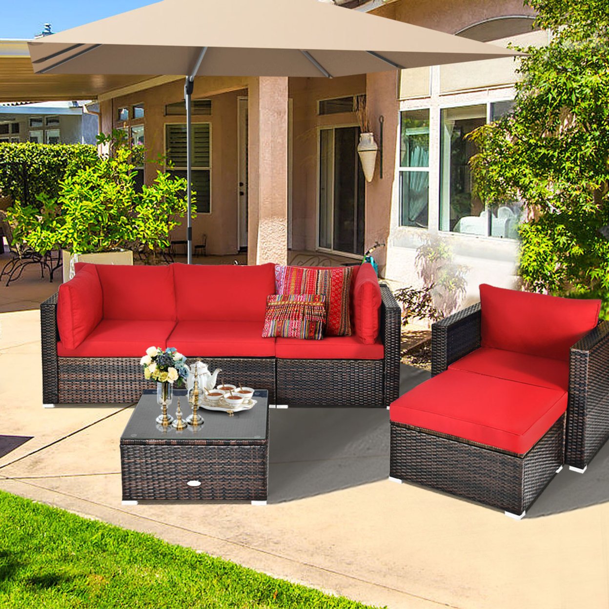 6PCS Patio Conversation Set Rattan Sectional Furniture Set W/ Red Cushions