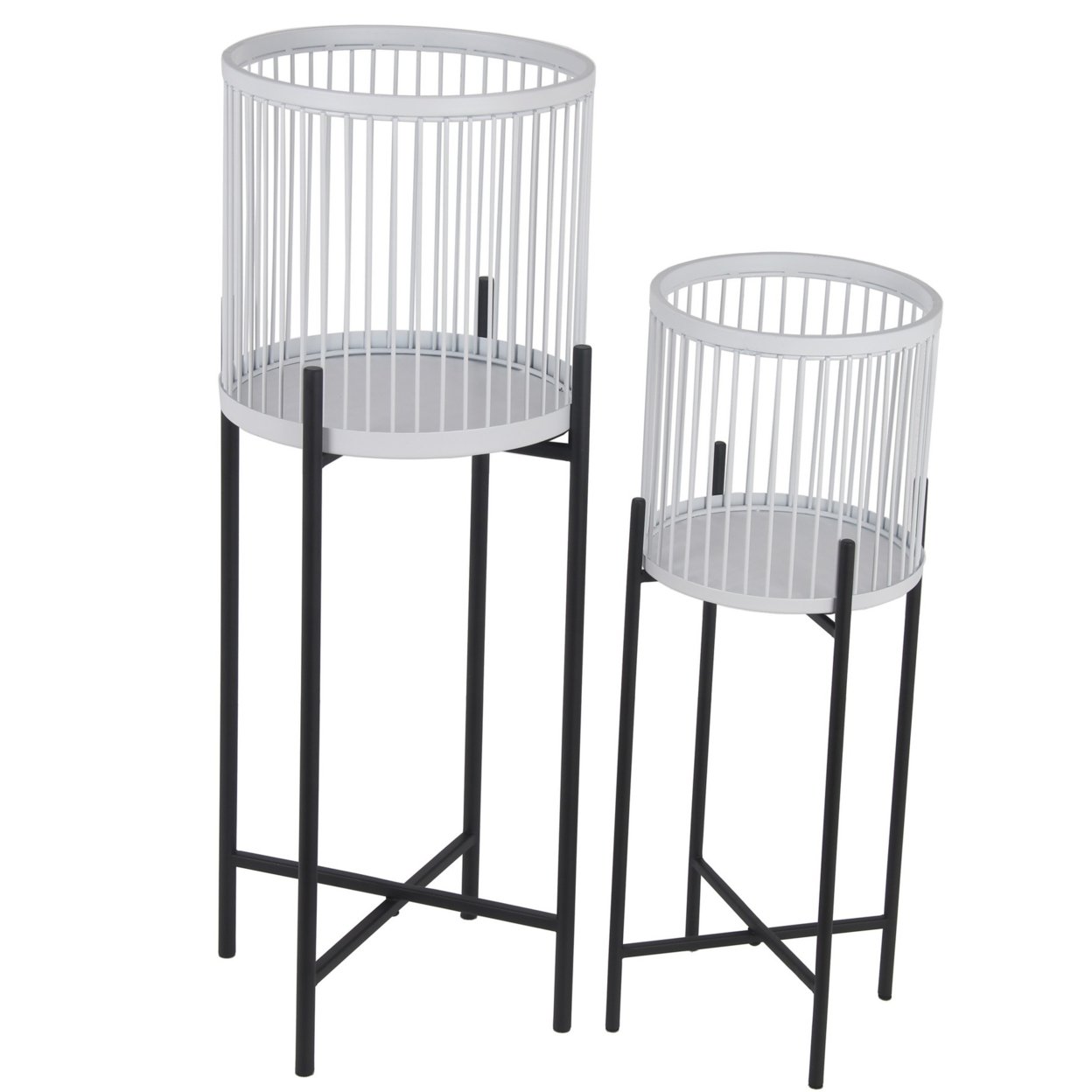 Cylindrical Cage Metal Frame Plant Stand With Tubular Legs, Set Of 2, White- Saltoro Sherpi