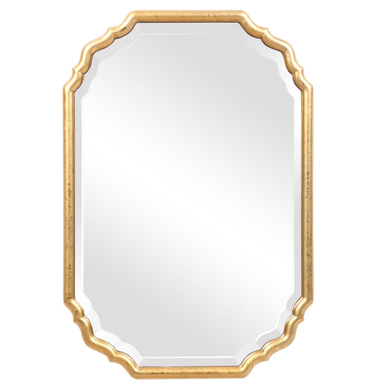 32 Inches Curved Design Wooden Vanity Mirror, Gold- Saltoro Sherpi