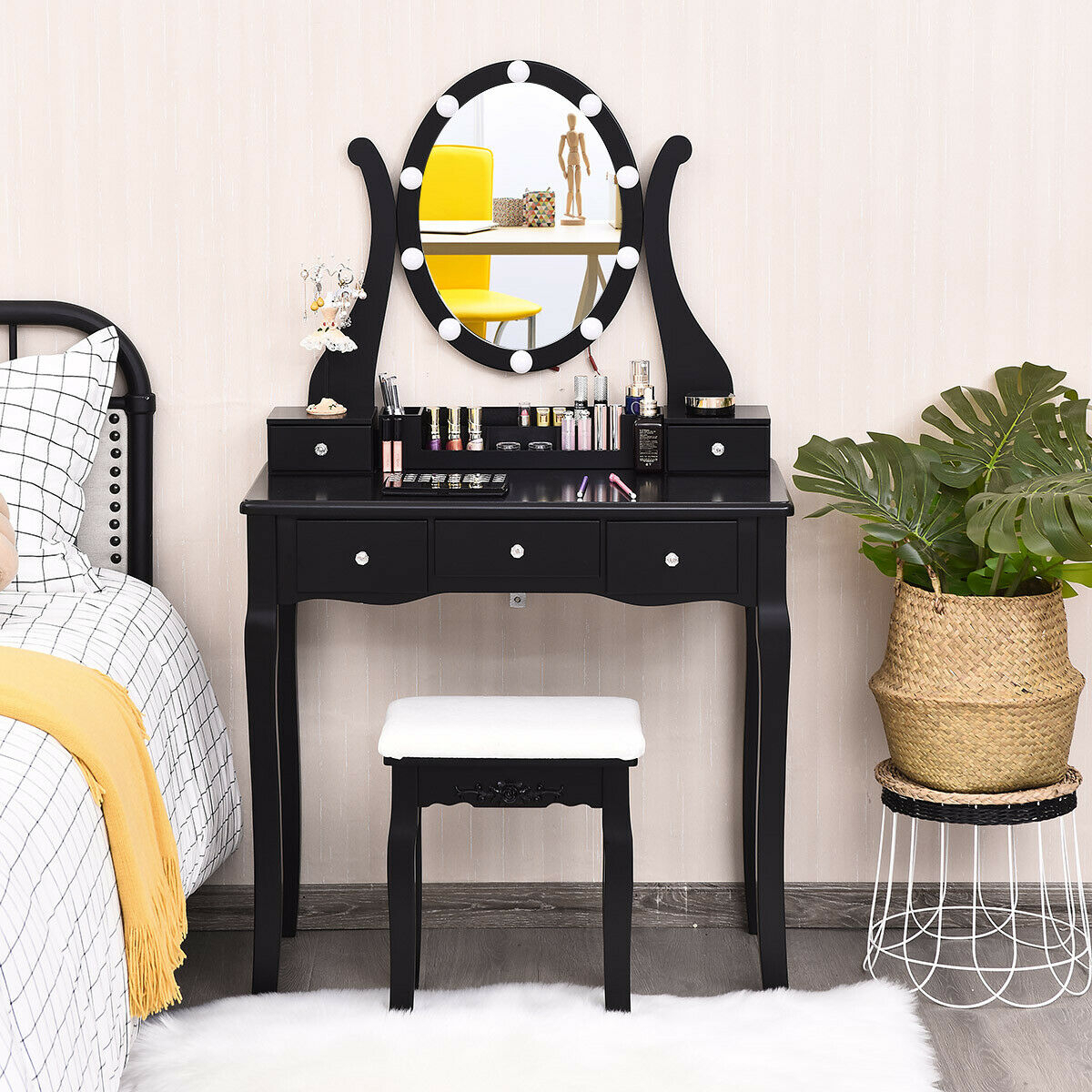 Vanity Table Set W/10 Light Bulbs And Touch Switch Makeup Dressing Table White/Brown/Black - Black