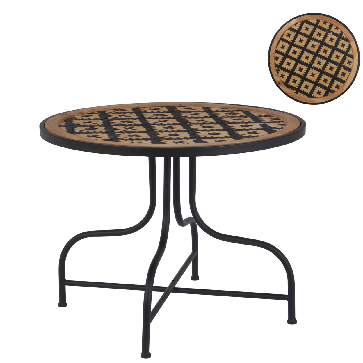 24 Inch Round Top Accent Table With Vinyl Weaving, Brown And Black- Saltoro Sherpi