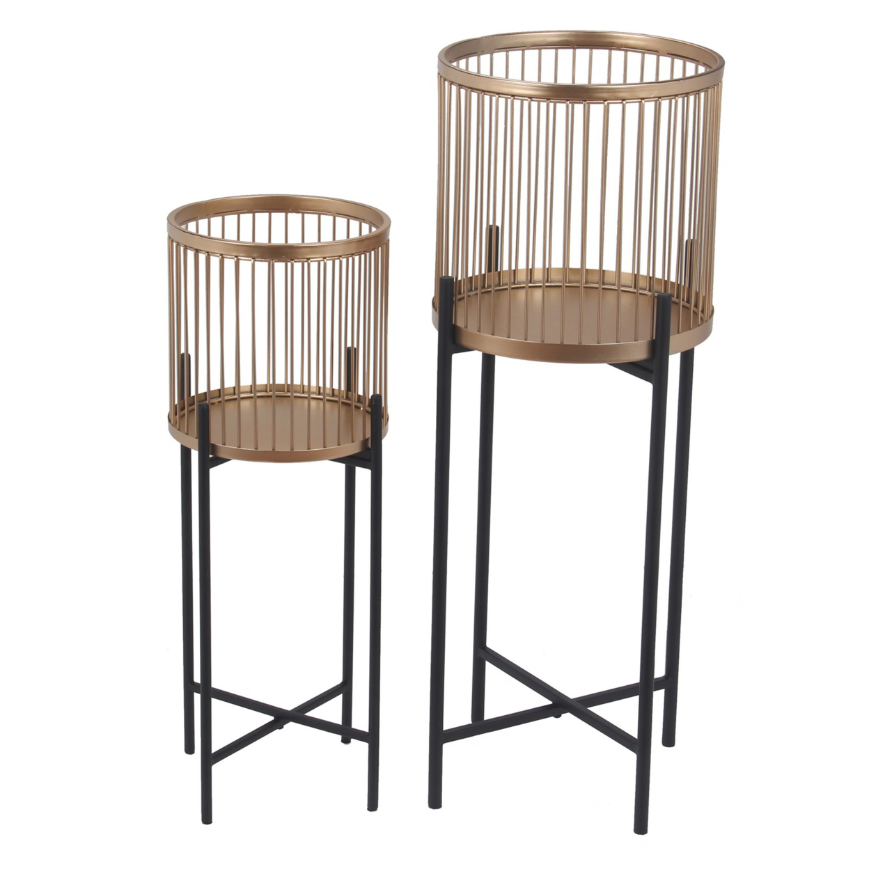 Cylindrical Cage Metal Frame Plant Stand With Tubular Legs, Set Of 2, Gold- Saltoro Sherpi