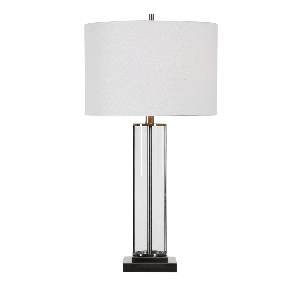 Cylindrical Shape Glass Table Lamp with Metal Trim Accent, Clear- Saltoro Sherpi