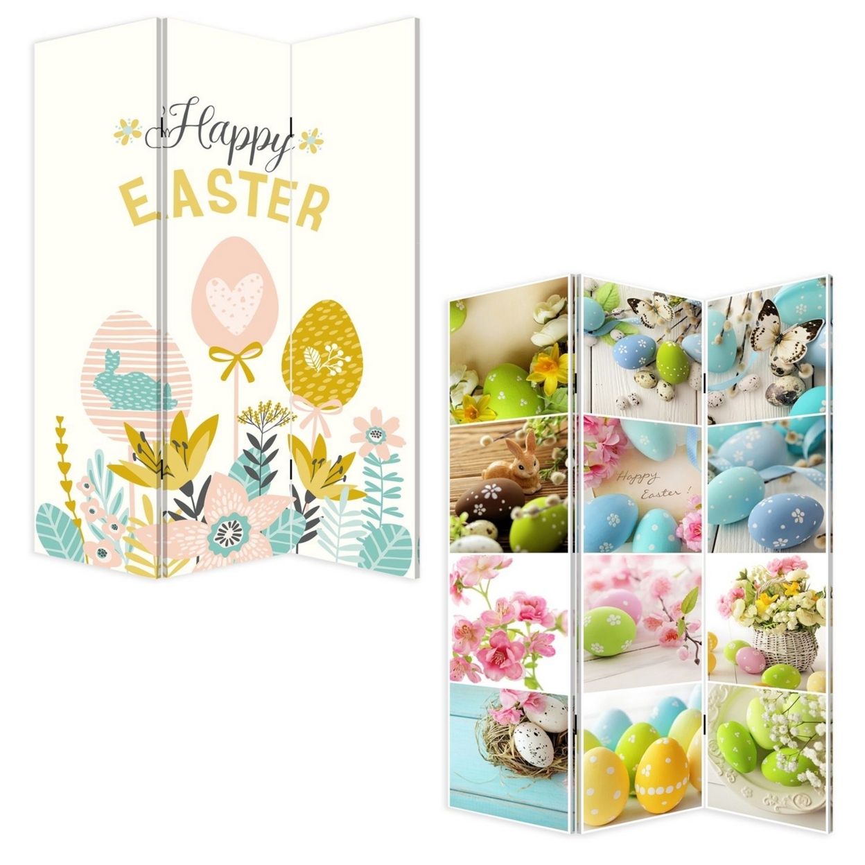72 Inch 3 Panel Canvas Room Divider With Easter Print,Multicolor- Saltoro Sherpi