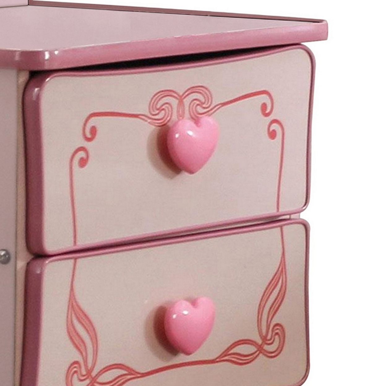 2 Drawer Wooden Nightstand With Heart Knob Pulls, Pink- Saltoro Sherpi