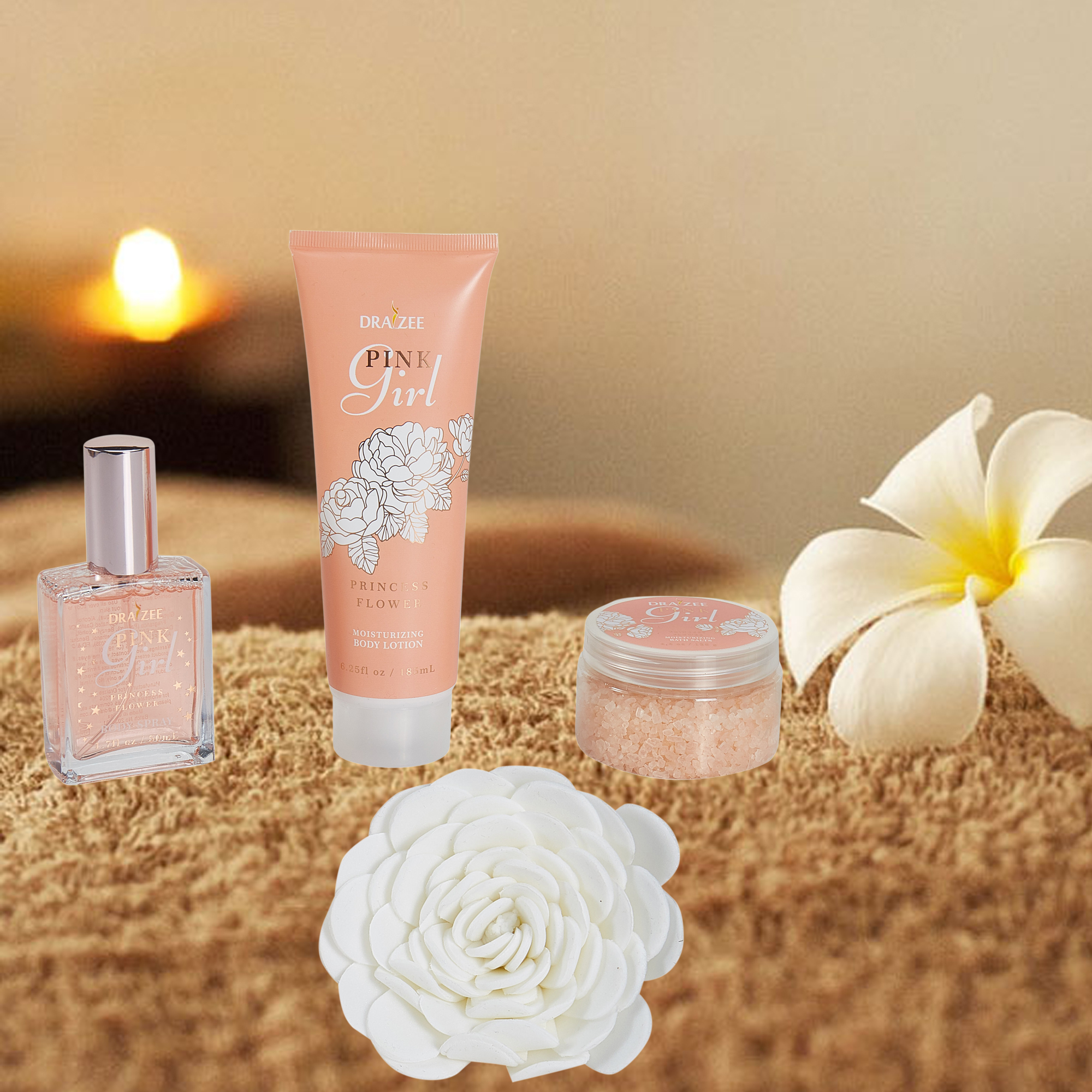 Draizee Bath Gift Set For Girls & Women W/ Flower Fragrance, 4 Pieces, Skin Care Set Includes Body Lotion, Body Mist, Bath Salts, Body Puff