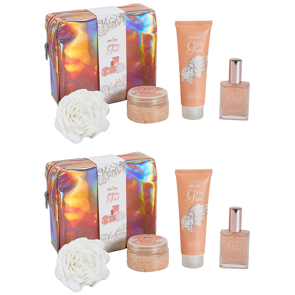 (Qty-2) Draizee Bath Gift Set For Girls & Women W/ Flower Fragrance, 4 Pieces, Set Includes Body Lotion, Body Mist, Bath Salts, Body Puff