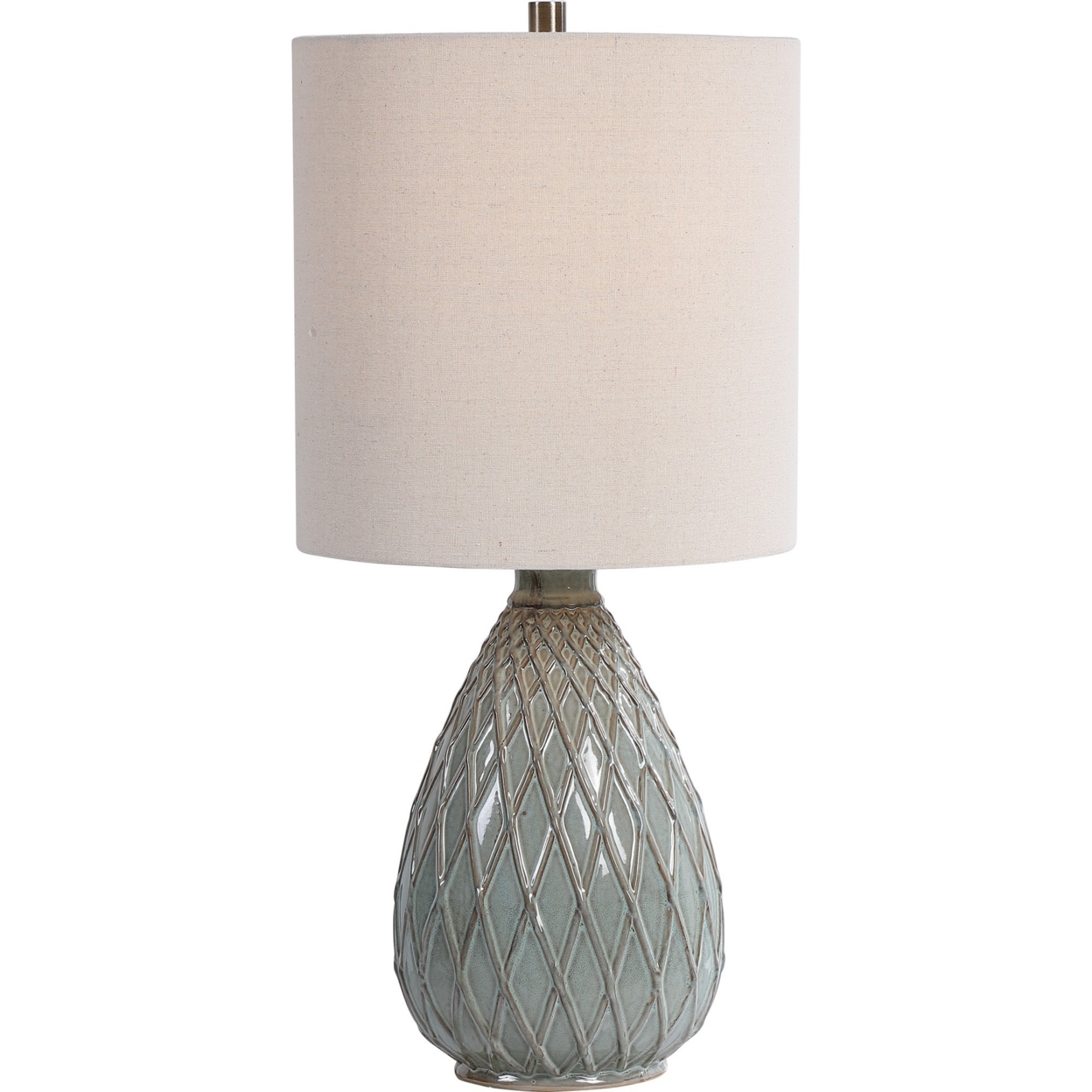 Pot Bellied Ceramic Table Lamp With Diamond Pattern, Gray- Saltoro Sherpi