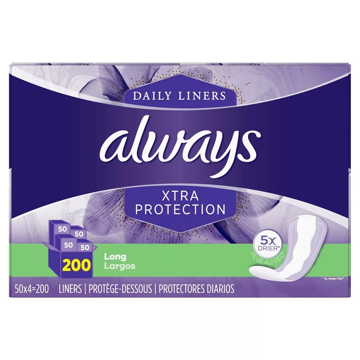 Always Anti-Bunch Xtra Protection Daily Liners, Long, Unscented (200 Count)