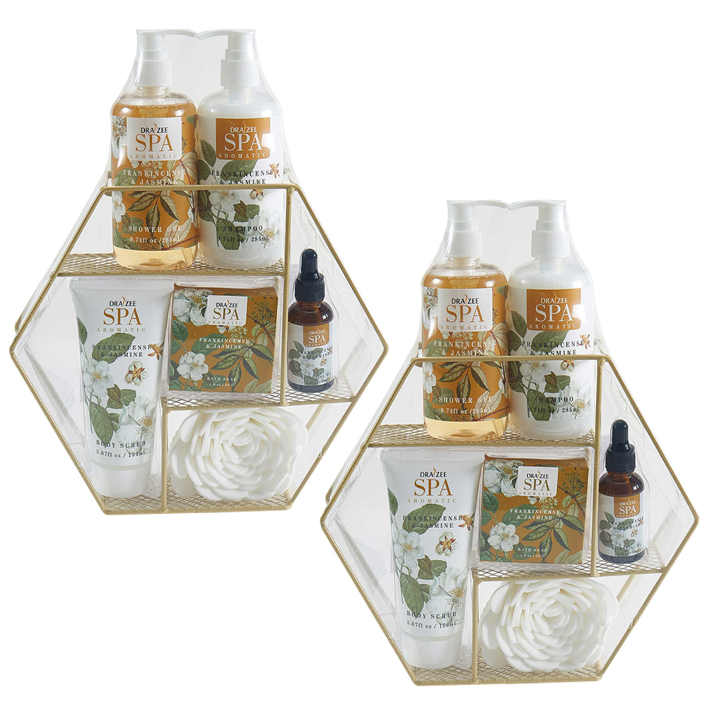 (2 Set) Draizee Bath Gift Set For Girls, Women W/ Frankincense & Jasmine Fragrance 7 Pieces - Shower Gel, Shampoo, Body Scrub, Essential Oil