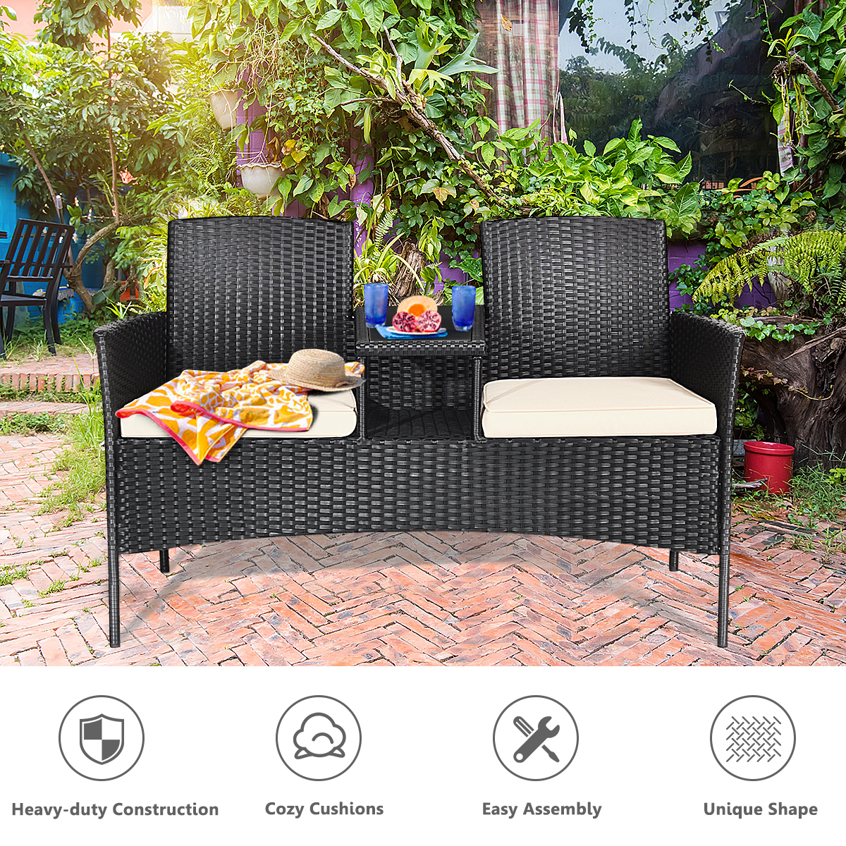 Cushioned Patio Rattan Seat Loveseat Sofa Table Chairs